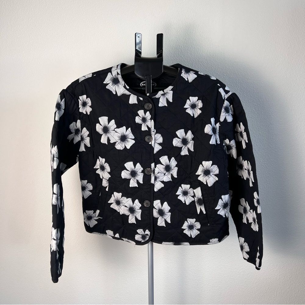 NWT Scoop Quilted Floral Jacket Women Black White Cotton Button Front S/L/XL/XXL